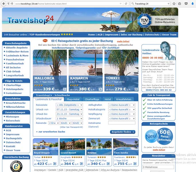 Lastminute-, Pauschal-, Charterflüge und Hotelangebote: Travelshop24